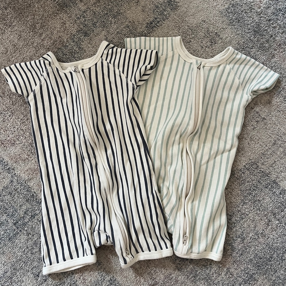 I’m selling both the navy blue and mint green striped Pehr shortie pajamas!